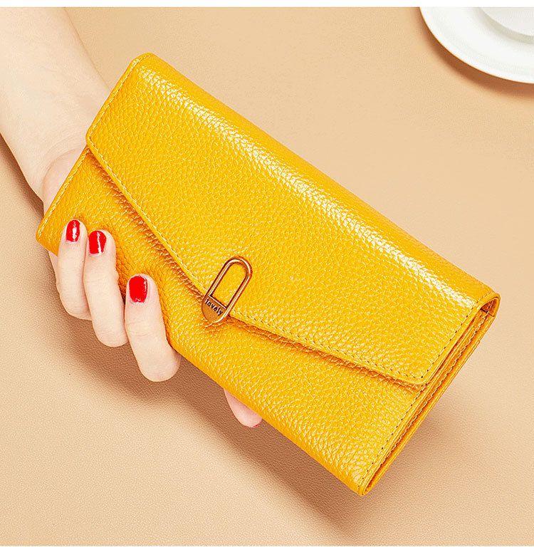 New Women's Genuine Leather Long Wallet Yellow Thin Purse Top Layer Cowhide Handmade Wallet Lucky Money Clip