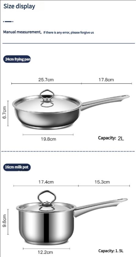 15-piece Stainless steel pot set thick composite bottom silver Cooking Pots frying pan soup pot milk pot spoon soup spoon stir fry spoon cookware set