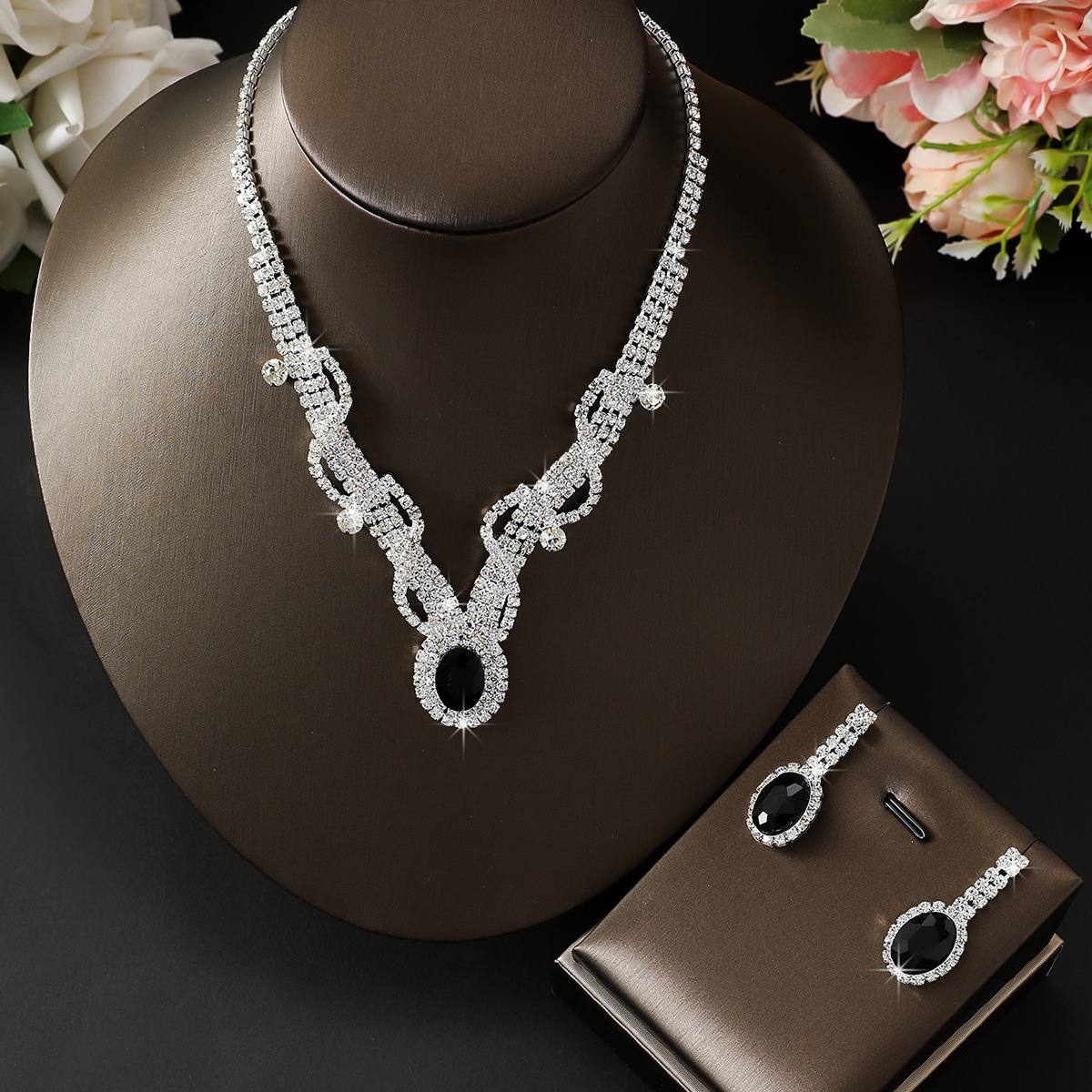 Sparkling Paved Rhinestone Bridal Jewelry Set, Multi-Color Oval Gem Adjustable Necklace with 29.5cm Main Chain + 18cm Extender & Matching Drop Earrings, Silver-Tone Elegant Women Accessories, Glam Ornaments for Wedding Ceremonies Evening Banquet Prom Formal Gown Thoughtful Female Gifts
