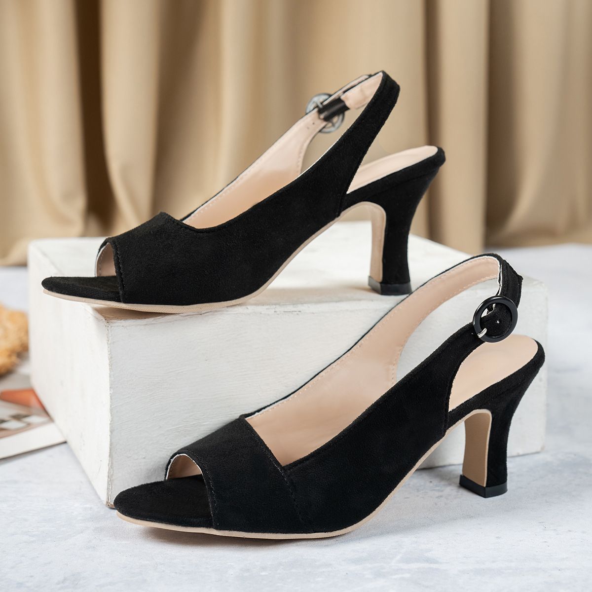 2025 Summer New Style European American Style Suede Slide Sandals Women's Plus Size Block Heel Open Toe Cross-Border High Heels