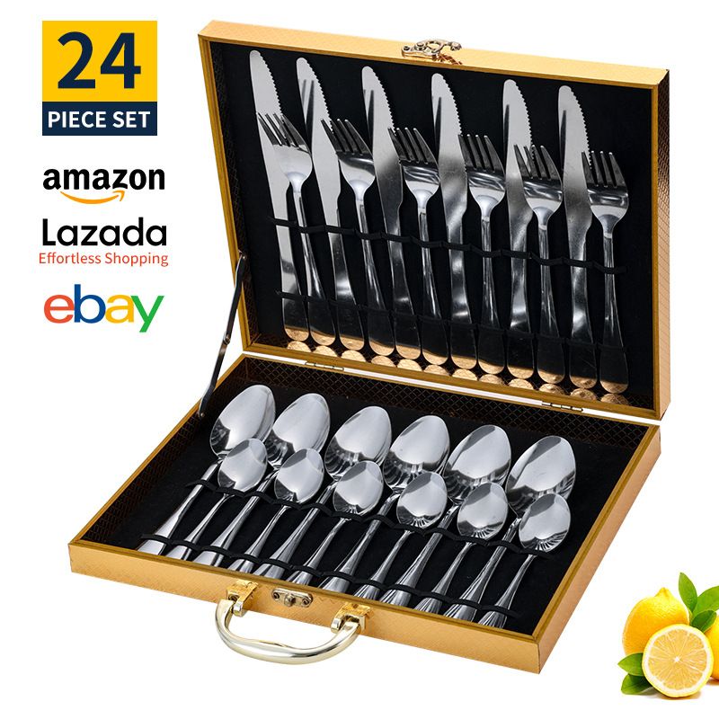 Stainless steel knife, fork and spoon 1010 tableware set hotel restaurant steak knife dessert spoon 24 pieces gift boxsilver