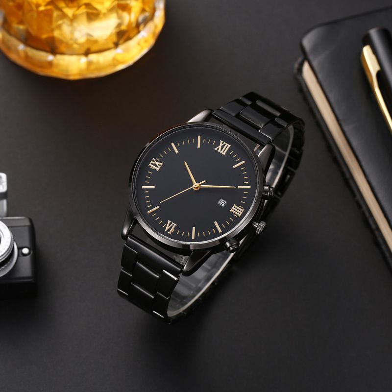 New men's fashionable and versatile casual watch with calendar, iron strap, quartz watch, business watch