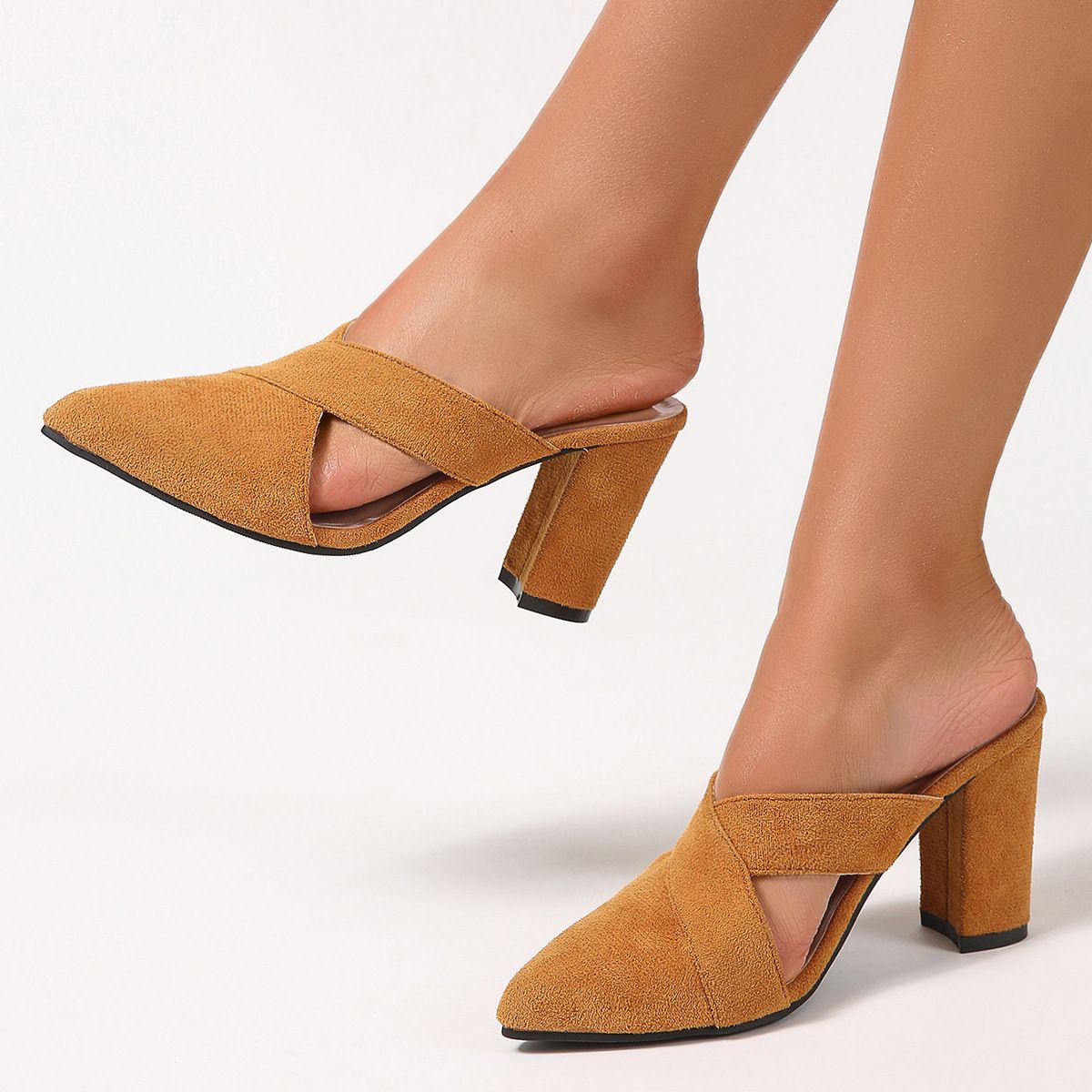 Women's thick-heeled, 5cm pointed-toe, deep-mouthed, half-heeled casual high heels with a toe cap and an empty back