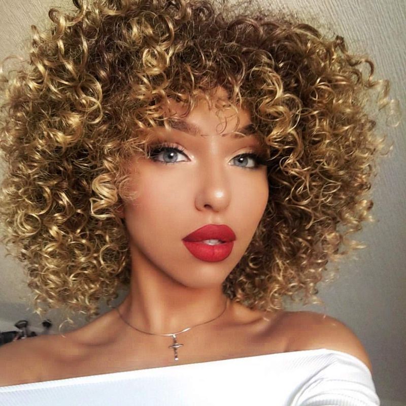 Women's small curly black wig fluffy afro wig chemical fiber full head cover WS707A1
