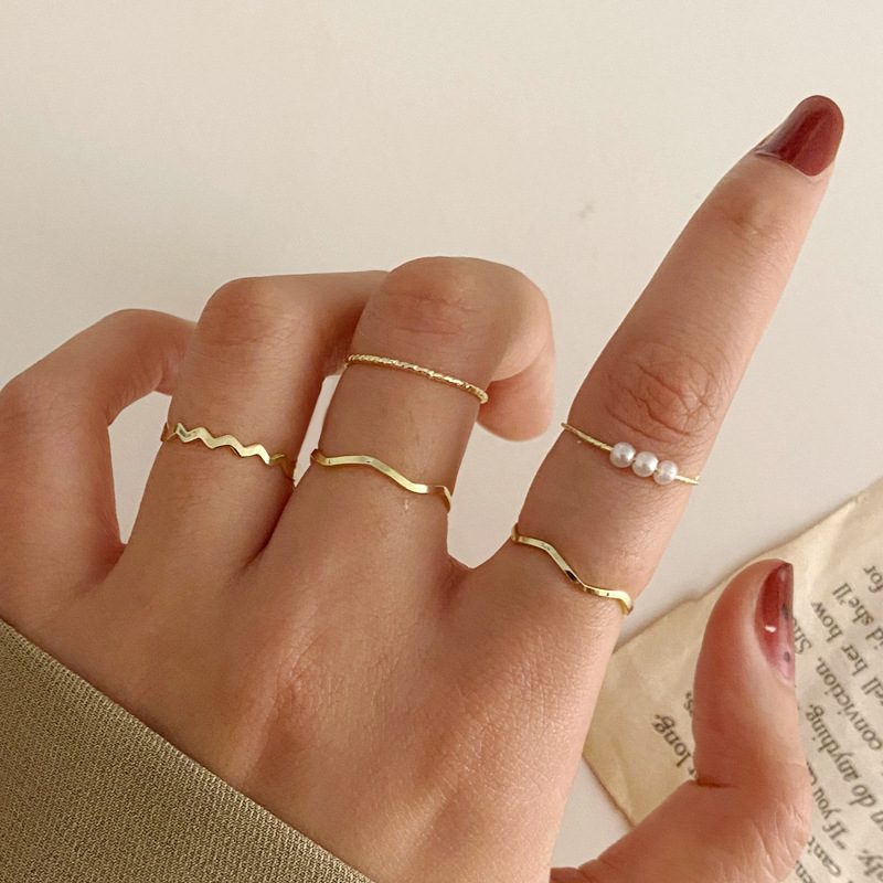 52851 Pearl Gold Color Rings Set of 5 Vintage Rings for Women Geometric Fashion Wave Ring Jewelry Trendy Accessories