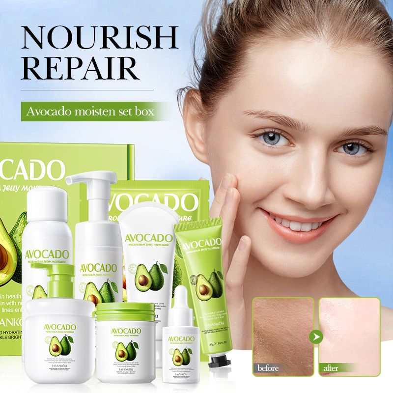 FANNIANOU Avocado & Petroleum Jelly Soothing 6-Piece Skincare Set, Moisturizing & Nourishing Daily Care Kit with Cleanser, Toner, Lotion, Cream, Serum and Eye Cream, Hydrating & Softening Skin Care Gift Set