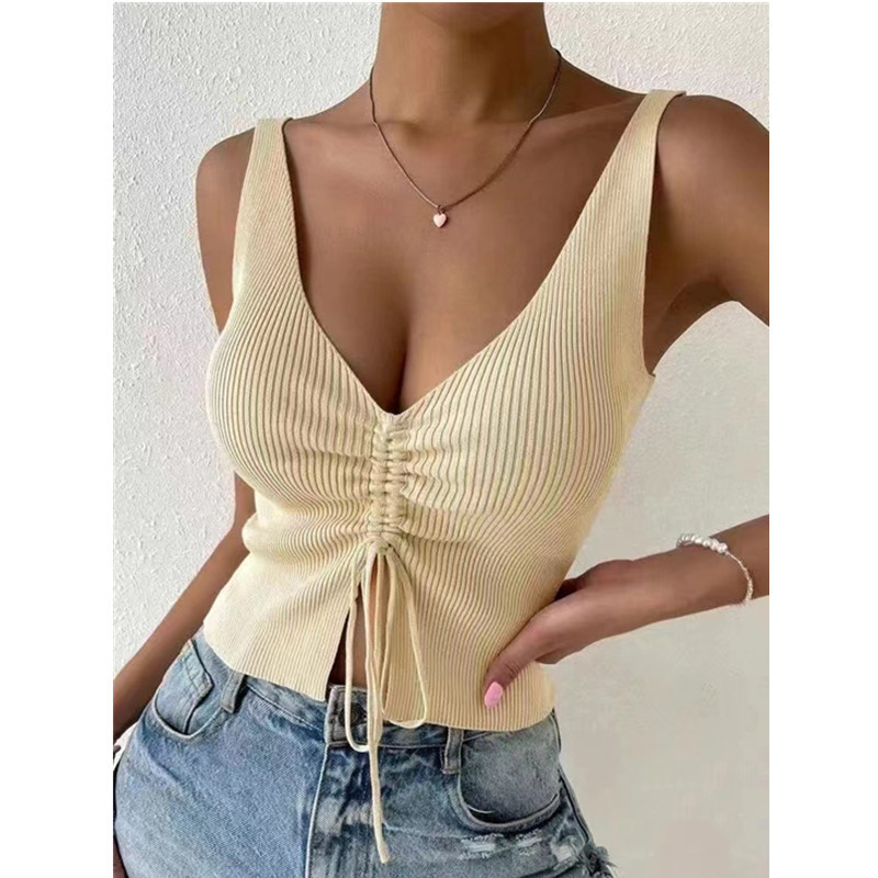 2277 Women's Summer New Fashion Sexy Drawstring Vest Solid Color Striped Top