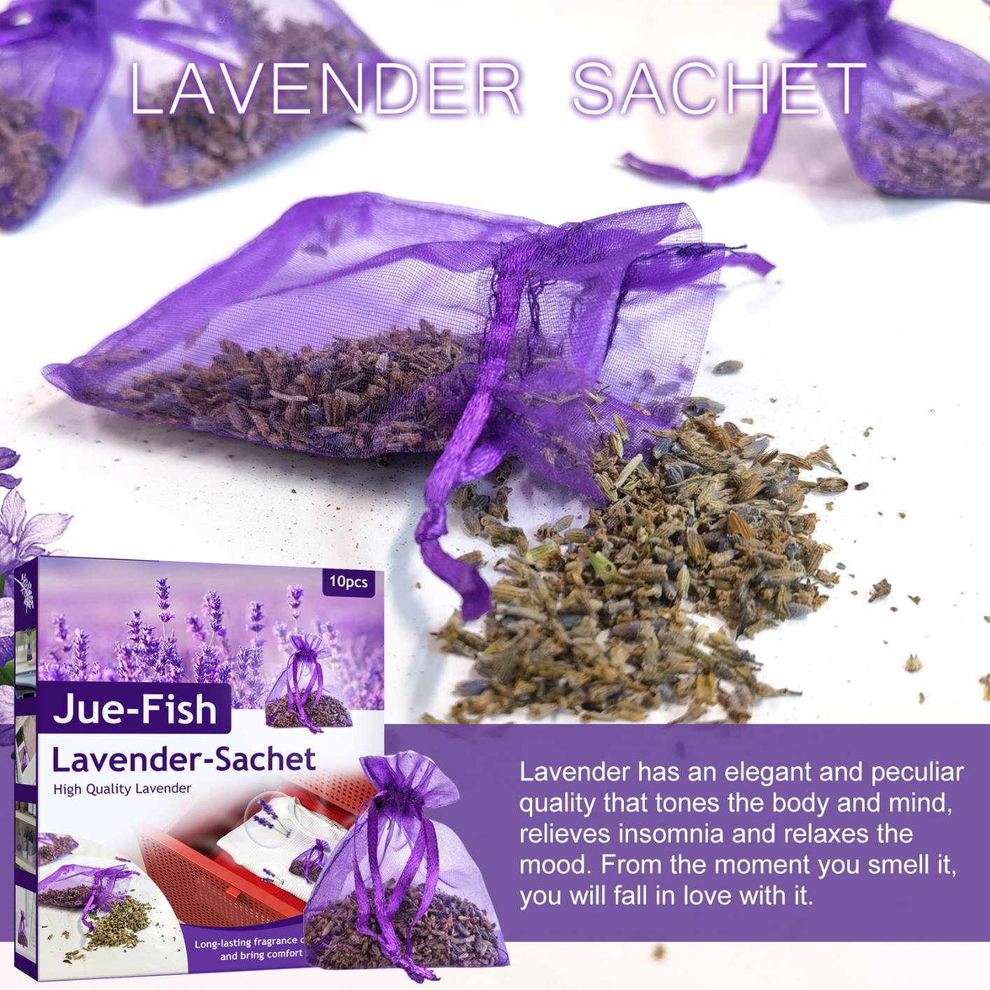 10 pack French Lavender Sachets for Drawers and Closets Fresh Scents, Home Fragrance Sachet