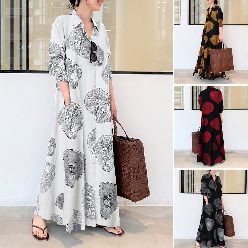 plus size women's clothing Muslim cotton and linen printed long-sleeved simple, loose and casual long shirt.