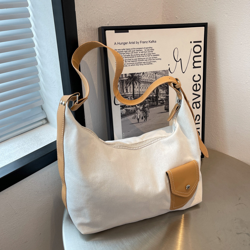 4-6343 Ladies Bag 2022 Summer New Korean Style Fashion Vintage Large Capacity Canvas Contrast Underarm Bag Women's Shoulder Crossbody Bag