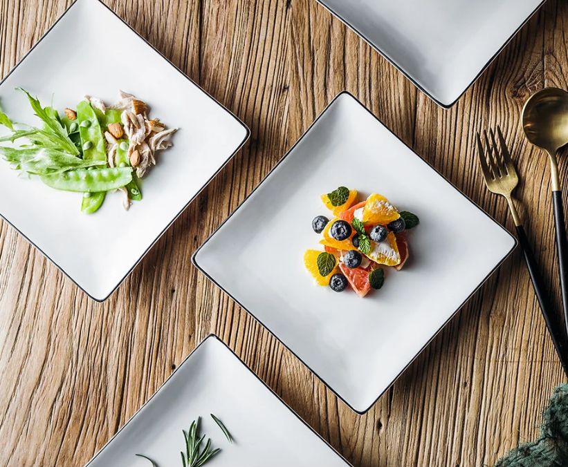 Durable Ceramic Material Luxury Dish Pasta Plate White Porcelain Square Plates And Bowl With Black Rim T-14