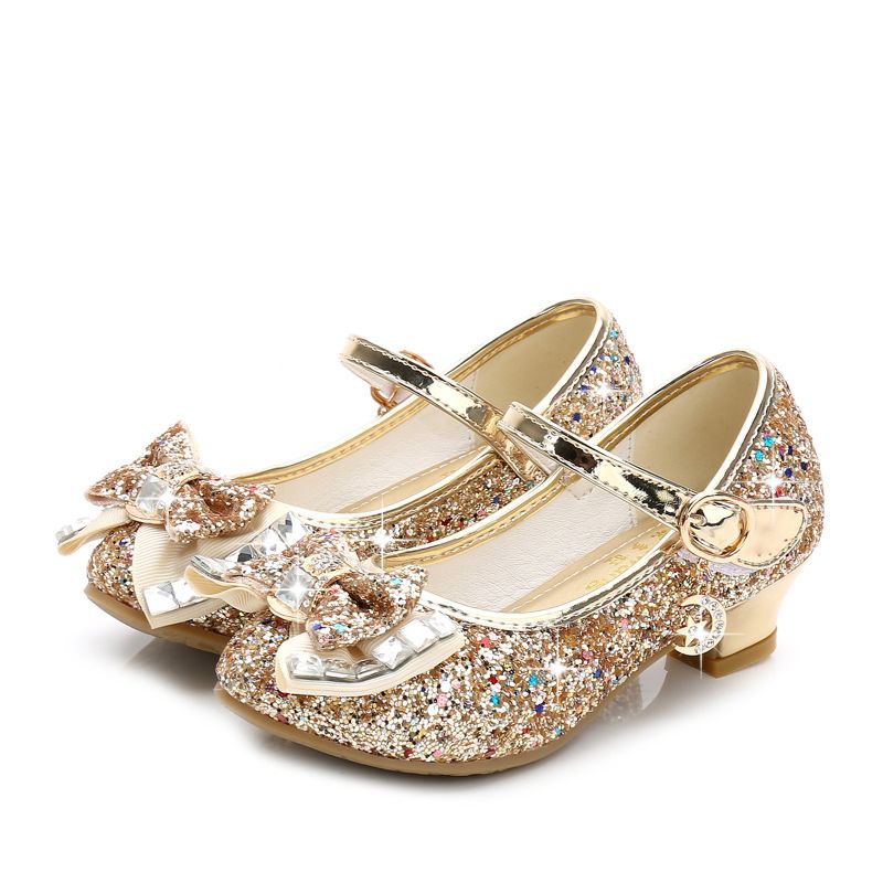 Dress Shoes Autumn New Girls' Small High-Heeled Leather Shoes Sparkling Shoe upper with Bow Decoration for Children's Dance Shoes
