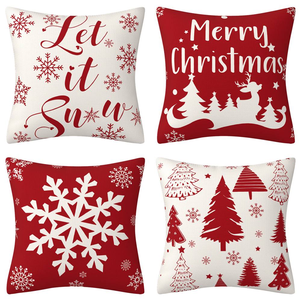 HOOM-18 Red Blue Green Christmas Pillow Covers 18 x 18 Inches, Xmas Cushion Decoration Pillowcases Hidden Zipper Closure Merry Christmas Snowflakes Reindeer and Christmas Tree for Couch Dcor
