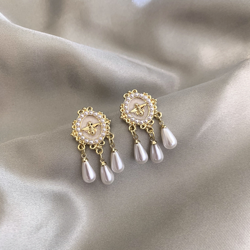 LE836 Gold Plated Vintage Pearl Tassel Dangle Drop Earrings For Women and Girls