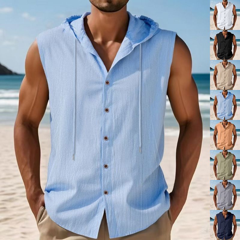 New 2026 Summer American Style Men's Loose Casual Solid Color Linen Hooded Vest Sleeveless Shirt Breathable Tops