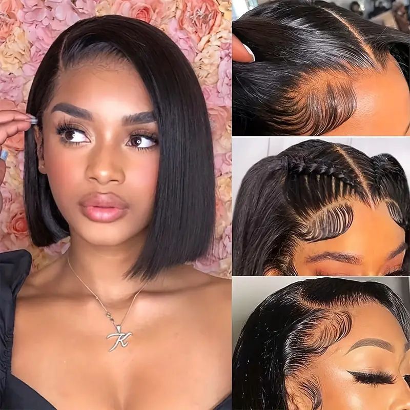 13x4 HD Lace Front Bob Wig - 100% Human Hair Straight Short Bob Wig with Pre-Plucked Baby Hair, 4 Lengths 10/12/14/16 Inch, Natural Black Glueless Wig for Women, 150% Density Bleached Knots Ready-to-Wear Wig
