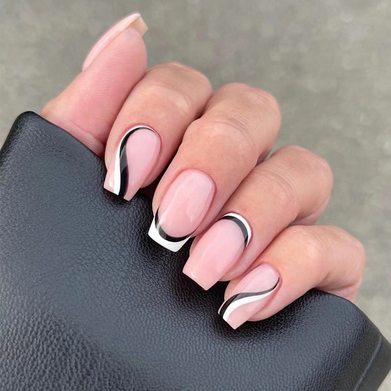 JP2224 Glossy Press on Nails, Medium Length Black&White French Style Waves Lines Fake Nails, Full Cover Artificial False Nails for Women and Girls
