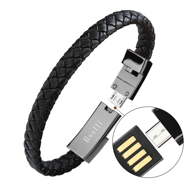 USB Leather Charging Bracelets Portable Braided Wristband Bracelet Cable Data Charger Cord