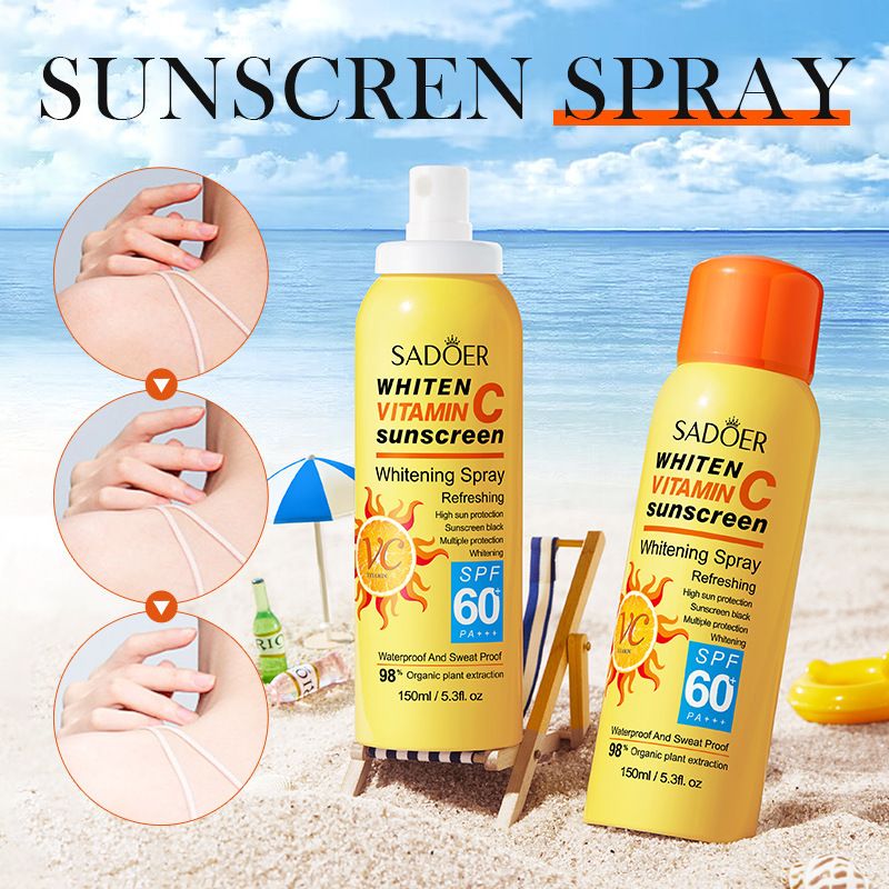 SADOER Vitamin C Whitening Sunscreen Set, SPF60+ PA+++ Waterproof & Sweatproof Sunscreen Cream (40g) and Sunscreen Spray (150ml), Refreshing, Brightening & Long-Lasting Sun Protection for Face & Body