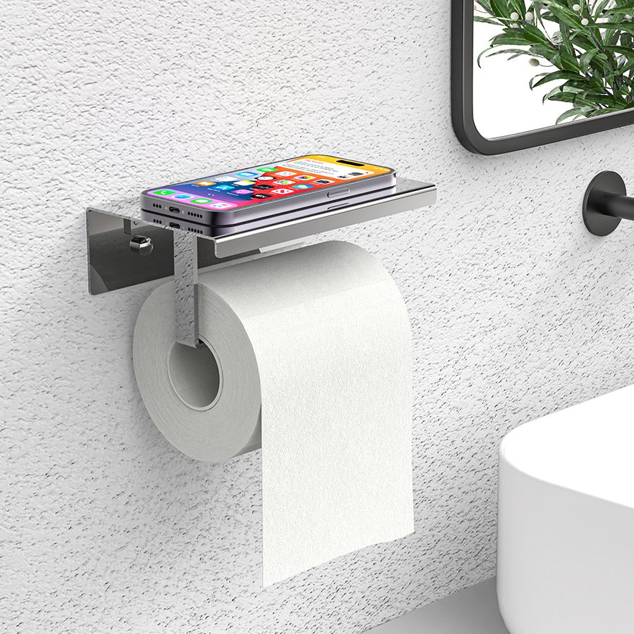 Self Adhesive Toilet Paper Holder with Phone Shelf SUS304 Stainless Steel Wall Mounted Toilet Paper Roll Holder - Rustproof and Bathroom Washroom Tissue Roll Holder with Storage Shelf，Aluminum Tissue Roll Mobile Phone Storage Shelf for Modern Bathroom, 3M Self Adhesive No Drilling or Wall-Mounted Screws