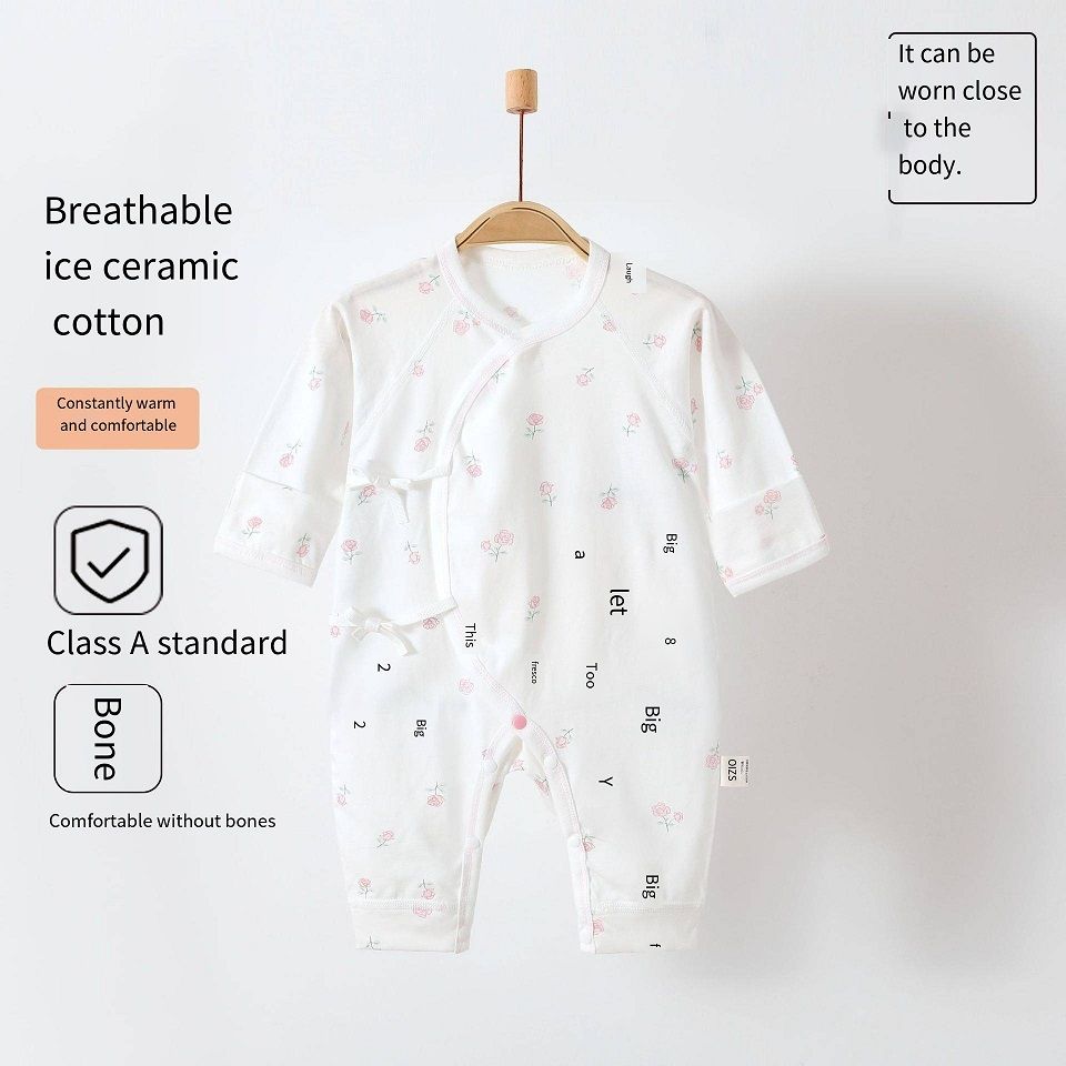 Newborn 100% Cotton Kimono Romper, Summer Thin No Bone Stitching Long Sleeve Onesie, Breathable Baby Sleep Jumpsuit, 52-66cm