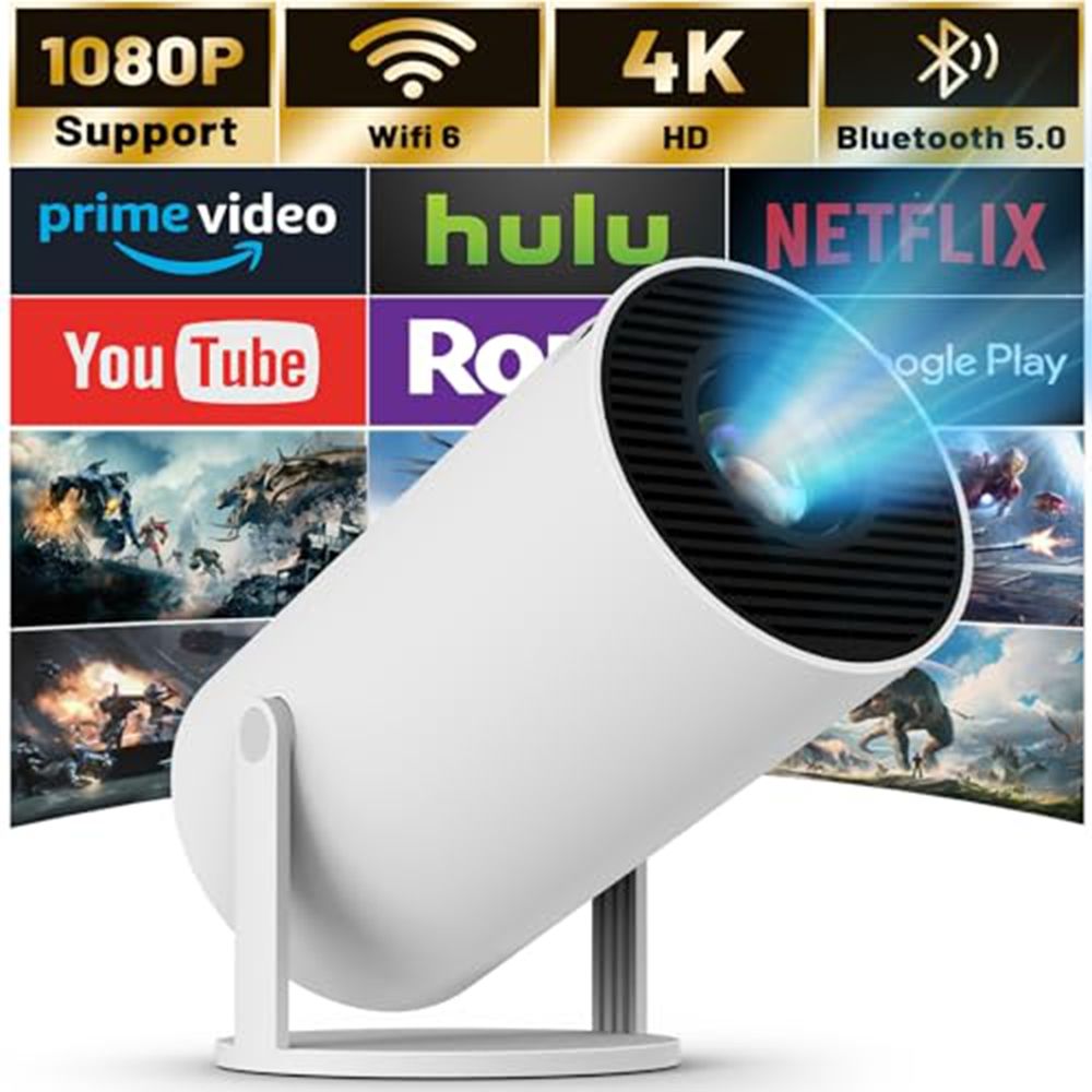 Mini Projector with WIFI 6 and Bluetooth, 4K 1080P Support Portable Projector 180° Rotatable 130'' Screen Movie Projector Auto Keystone Compatible for Laptop, PC, Smartphone (White)