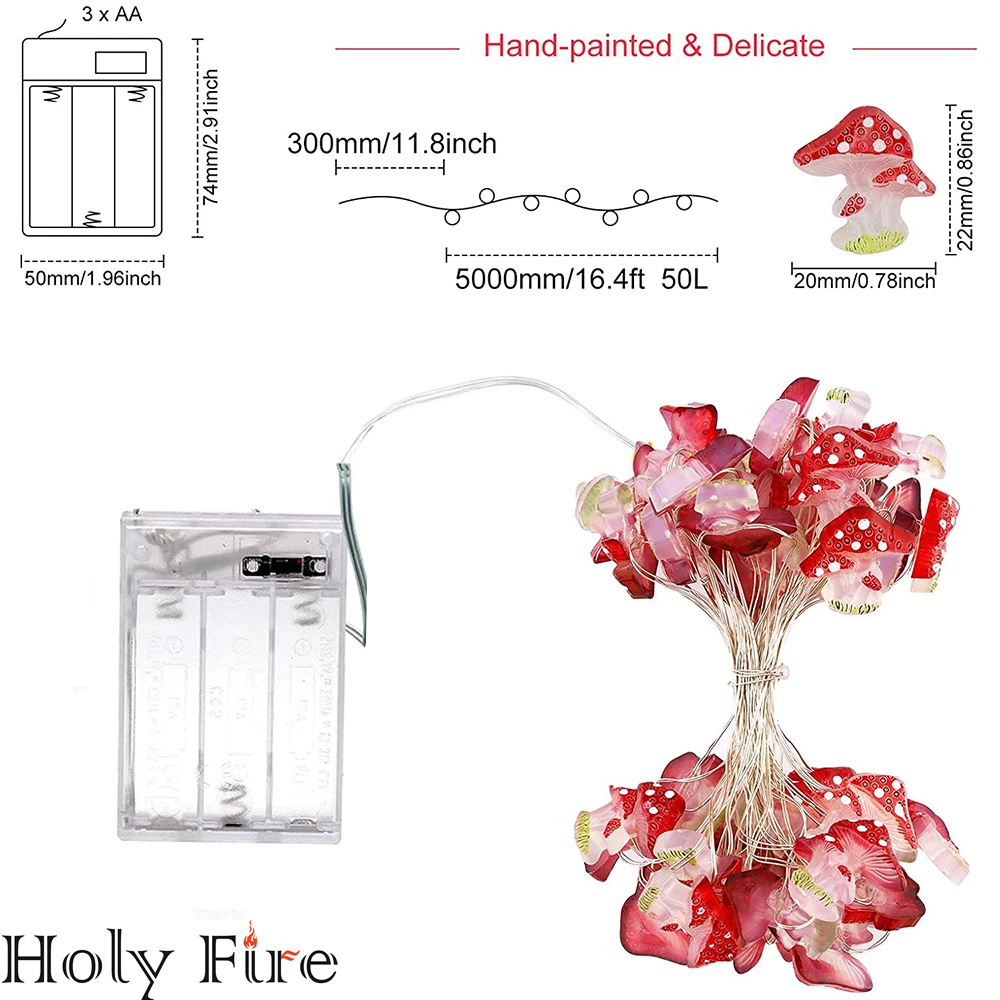 Holy Fire New Battery Operated 3D Stereo Mushroom Copper Wire DIY Fairy String Lamps 20/30Leds Mushroom String Lights For Patio Decor