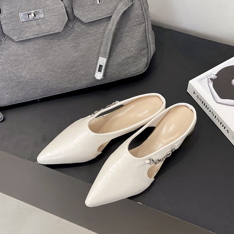 High-heeled women 2025 summer new pointy half bag thick heel sandals female bag head low heel shallow mouth all build slippers