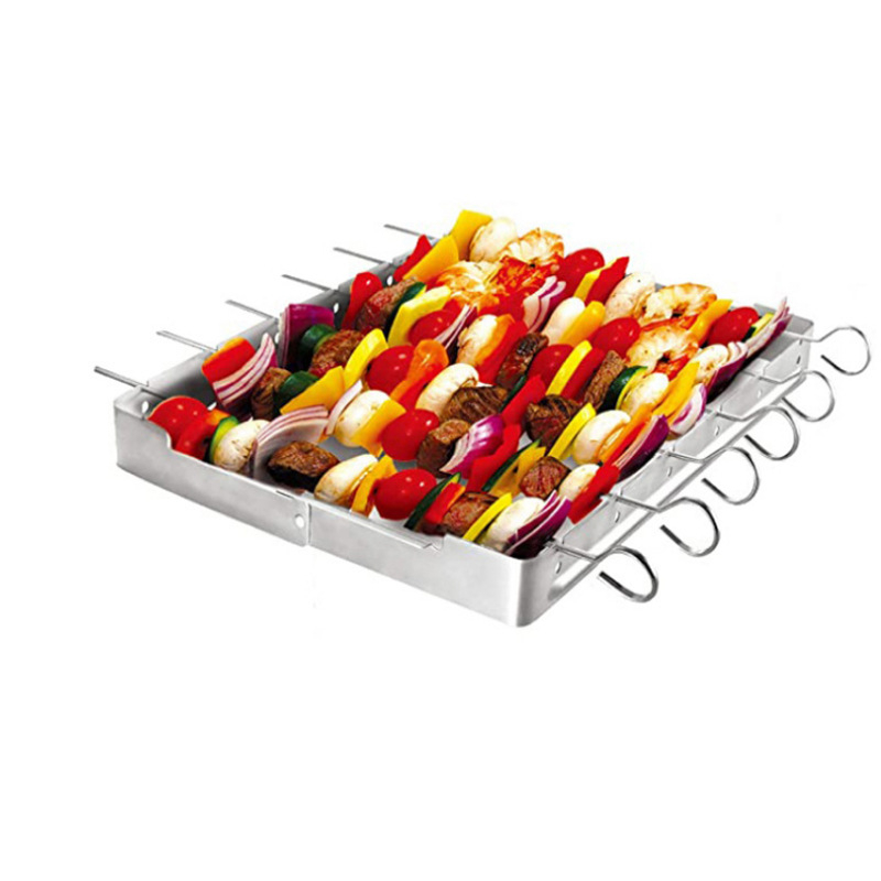 Heavy Duty Stainless Steel Barbecue Skewer Set, 6pcs Skewer and Foldable Grill Rack Set, Durable and Reusable  for Party and Cookout