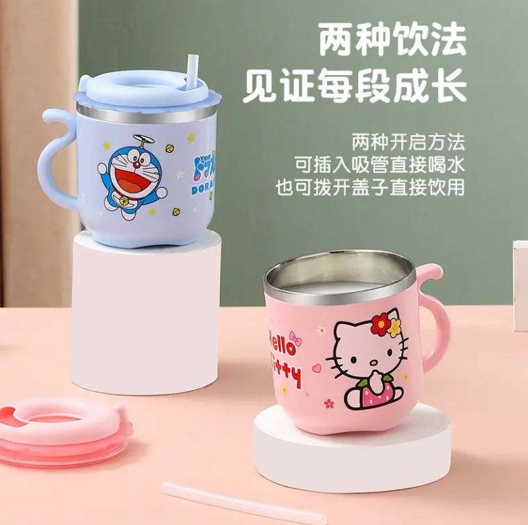 Cartoon Double Wall Insulated Leak Proof Stainless steel Water Cup With Straw For Children