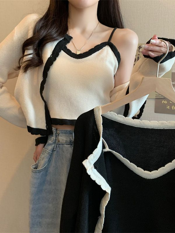 LDN-39136 Women's Fashion Casual Contrast Small Fragrance Short Camillette Vest Knitted Cardigan Jacket Two-Piece Set