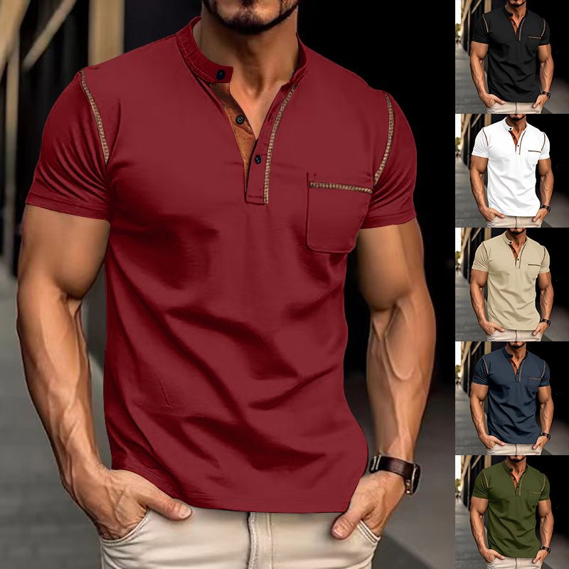Men's Summer New Short Sleeve T-Shirt Crew Neck Button Design Quick Dry Casual American Style Henley Polo Shirt T-Shirt