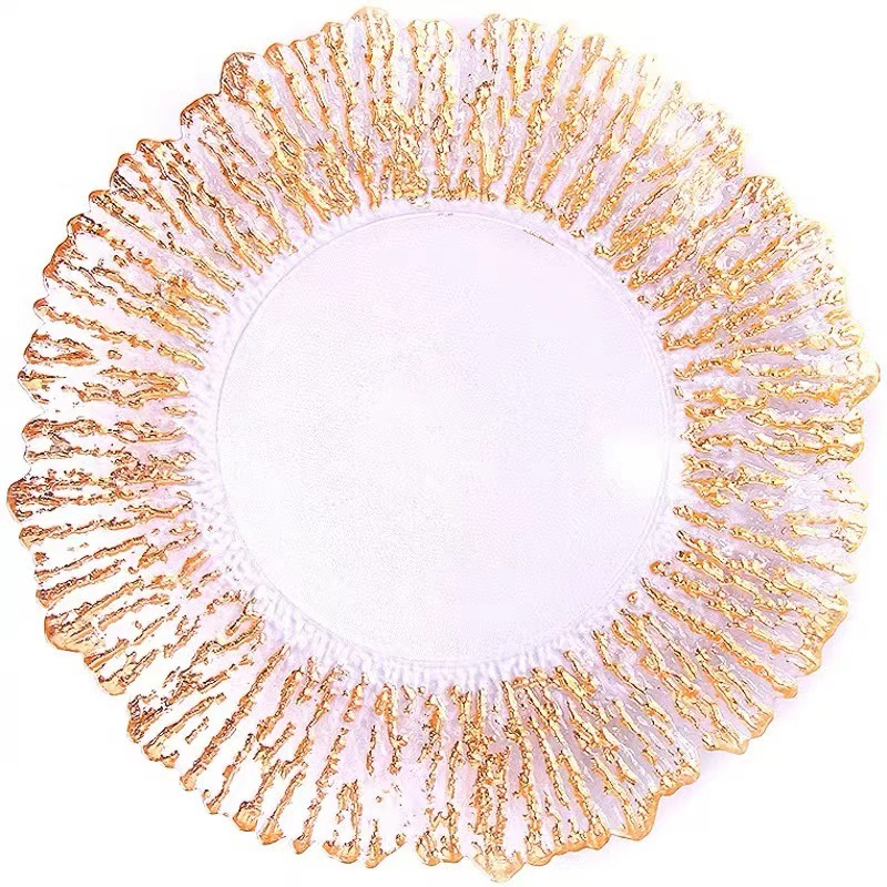 Nordic Windshield Plate Household Gold Leaf Edge Transparent Plate Glass Fruit Salad Bowl Plate Lace Plate