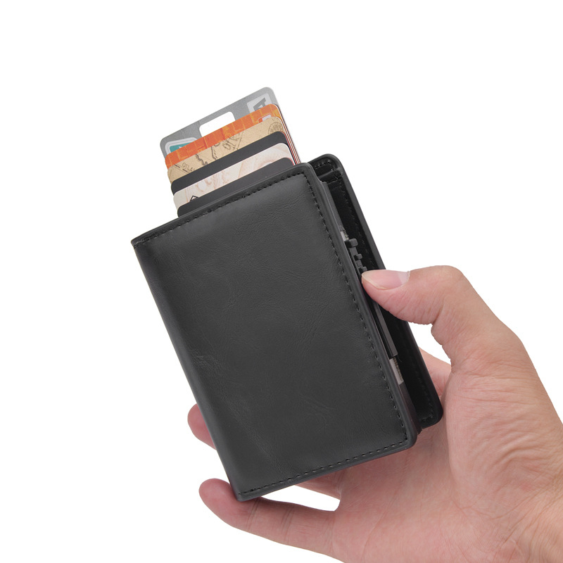 k3207-2 Business Men's PU Card Holder Automatic Pop-Up Aluminum Alloy RFID Anti-Theft Brush Anti-magnetic Credit Card Cover
