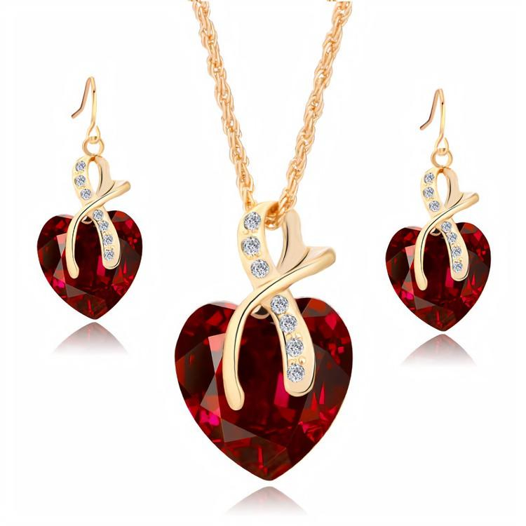Huadeer Vintage Female Rainbow Crystal Jewelry Set Charm Gold Color Dangle Earrings For Women Simple Love Heart Wedding Chain Necklace