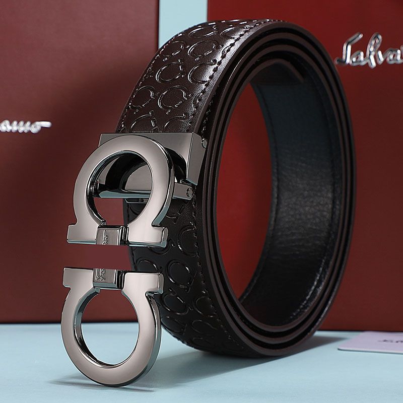 Men's Fashion Business Alloy Smooth Buckle Belt Casual Youth Genuine Leather BeltCoffee Gun