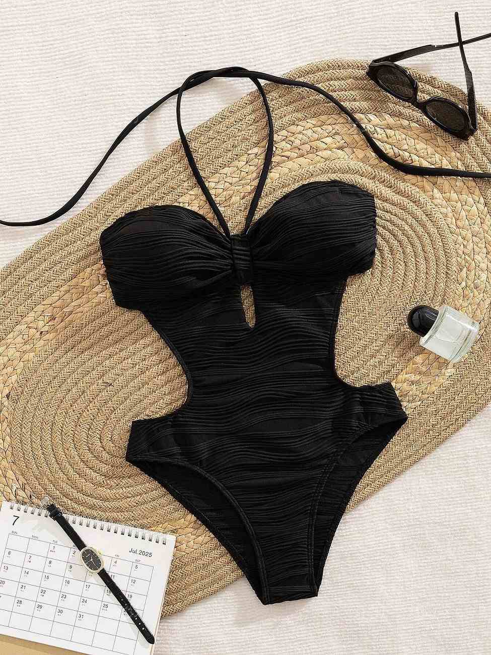 Women's Textured One-Piece Swimsuit, Halter Neck Monokini with Front Bow & Cutout Waist, Slimming Black Bathing Suit with Adjustable Ties for Beach, Pool, Vacation & Summer Party
