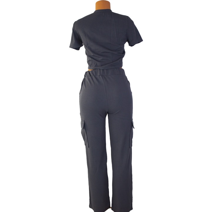  Casual Women Two Piece Outfit Sport Fitness 2pcs Trousers Suits short sleeve tops and pocket pants suits