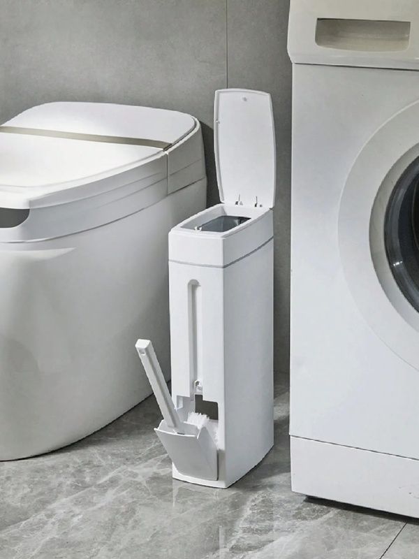Slim Can Narrow Spaces with Cleaning Brush, Lid and Toilet Brush - Perfect for Bathroom Trash Garbage Bin