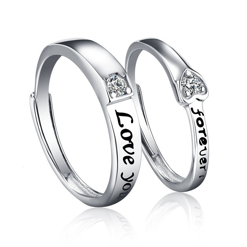 TL-080 925 Sterling Silver Couple Rings, Opening Adjustable Eternity Promise Engagement Wedding Statement Rings Simple Jewelry Gifts for Women Girls Men BFF