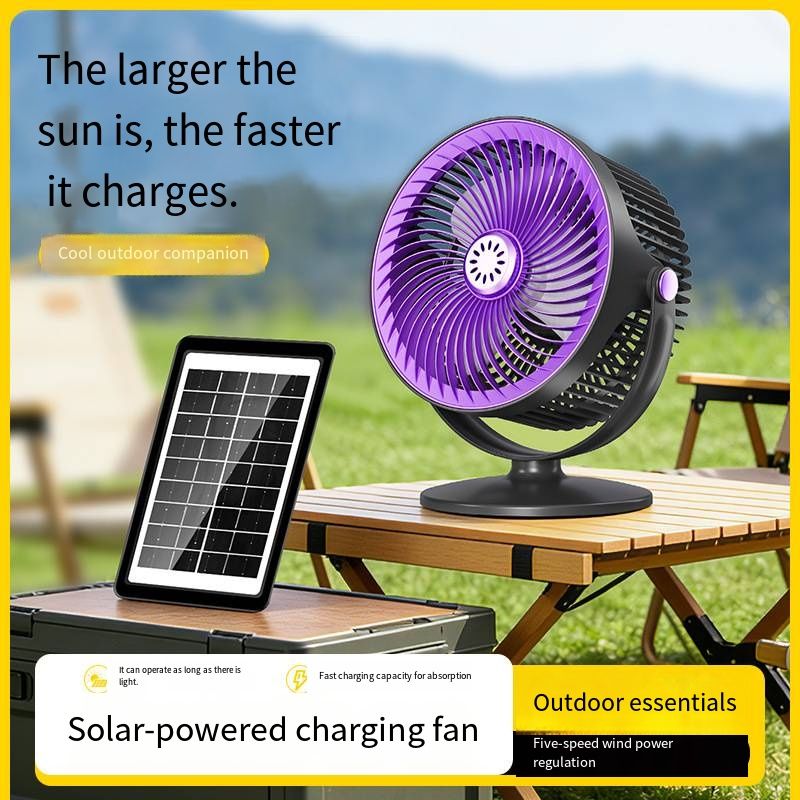 Solar Powered Outdoor Fan USB Rechargeable Portable High Wind Circulation Fan Foldable Hanging Desktop Fan for Home Outdoor