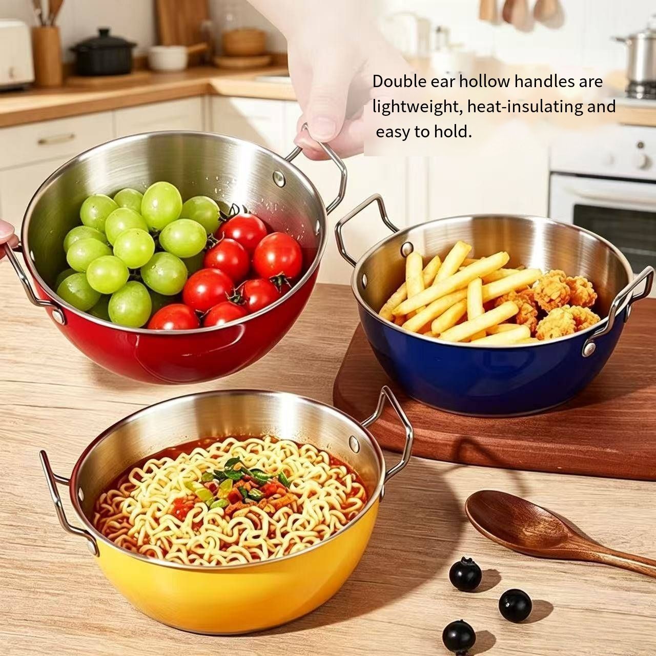 Household Thickened 304 Stainless Steel Bowl, Dopamine Color Double Ear Anti-scald Bowl, Multifunctional Large Capacity Soup Bowl Rice Bowl Instant Noodle Bowl for Home Kitchen Daily Dining