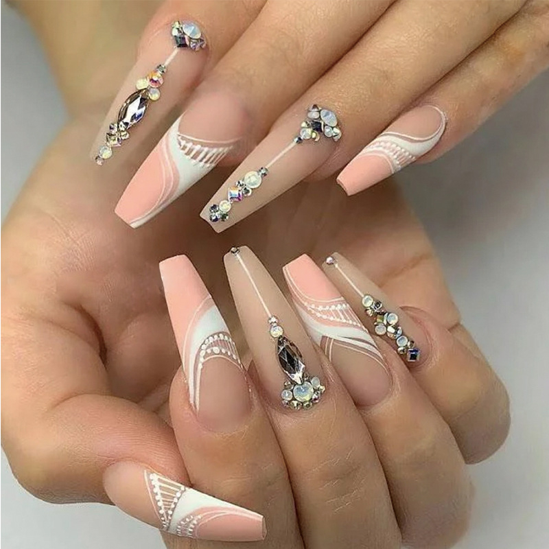JP1812 24 Pcs Glossy Press on Nails, Super Long Coffin Rhinestone Lines French Fake Nails, Full Cover Artificial False Nails for Women and Girls
