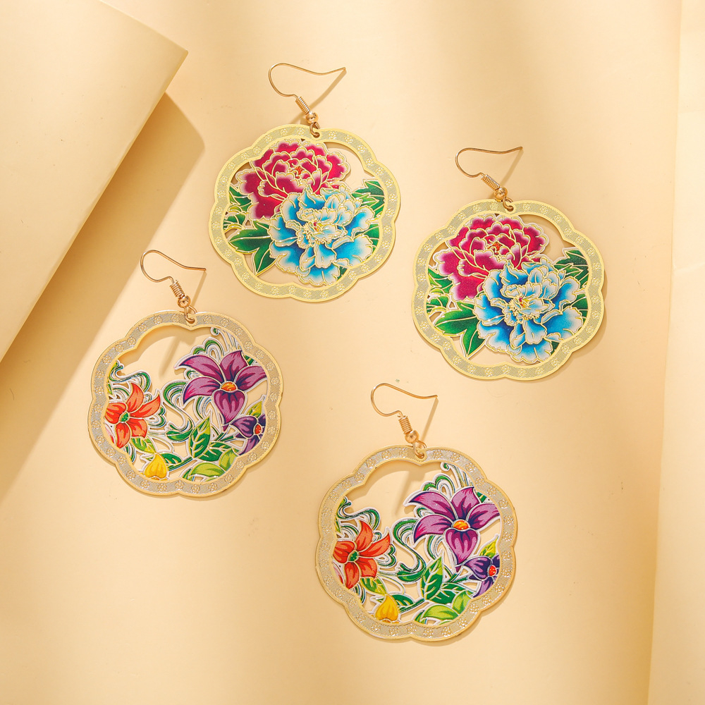 ZXE401 chinese ethnic style enamel peony/lily earrings women's hollow round geometric flower earrings