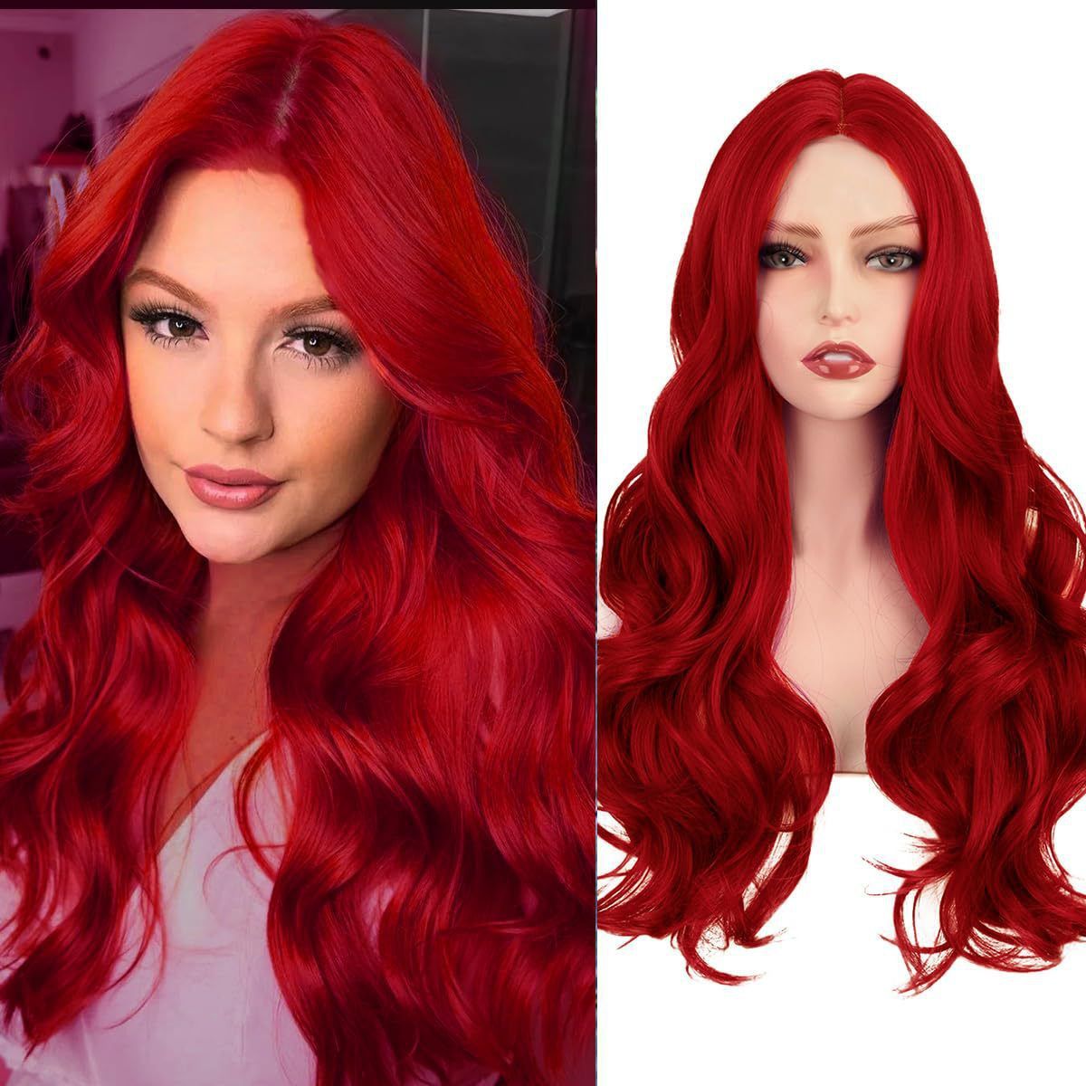 Fashion Women 13x4 Lace Front Wig, trendy burgundy long big wave curly design with fluffy texture. Adopts premium synthetic chemical fiber material, durable and easy to style. 13*4 inch lace front design brings natural hairline and seamless hair growth effect.