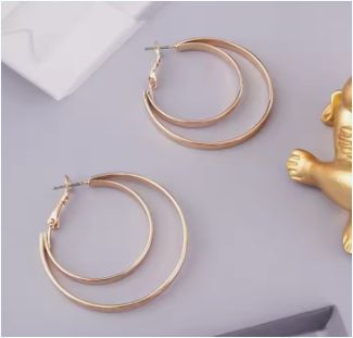 18K gold electroplated shiny gold colored stainless steel jewelry double circular ring female earrings

