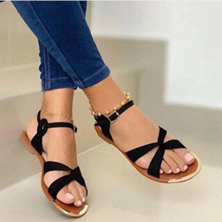 M3 New Summer Beaded Beach Flat Sandals Bohemia Style Casual Black Wedge Sandals For Ladies