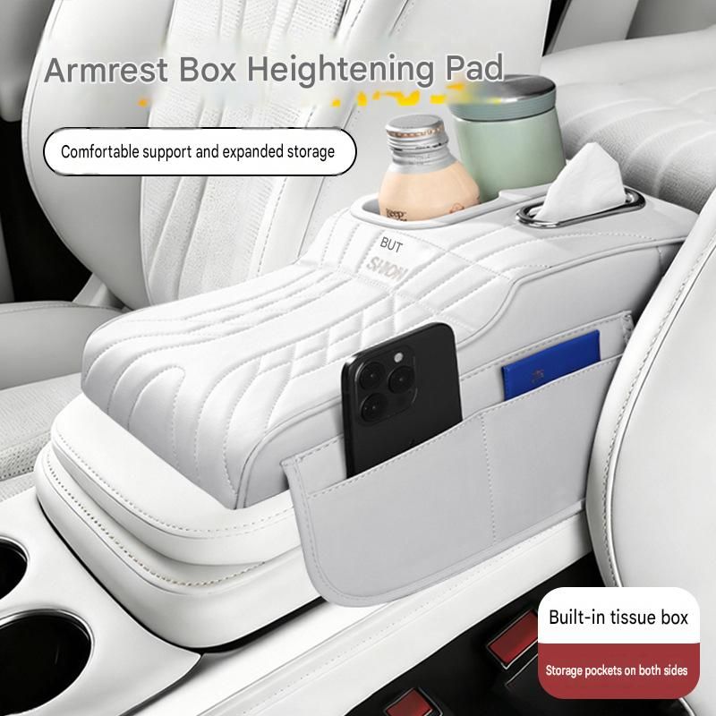 Multi-Functional Car Center Armrest Heightening Protector Cover, Built-in Cup Holders & Tissue Box, Vehicle Storage Organizer Pad Auto Interior Accessories
