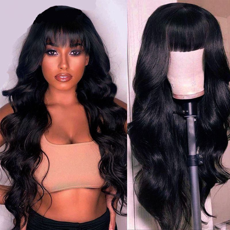 MG131 Black Long Wavy Wig With Bangs Daily Synthetic Natural Wigs Women Body Wave Fake Hair Dark Black Lolita Party Wig Heat Resistant