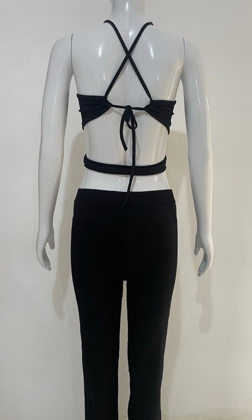 Suspenders pleated slim fit two-piece set Spice girl pleated suspenders, slacks set solid color knitted split top + bootcut slim turned-up trousers
